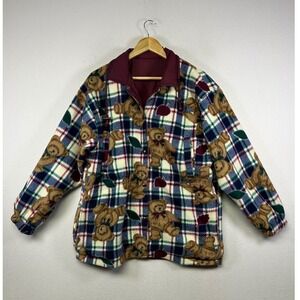 Vintage Grandma Women‎ M Burgundy Teddy Bear Plaid Reversible Fleece Jacket